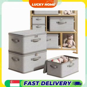 【Lucky Home】 Striped Fabric Storage Box / Foldable Clothes Organizer / Lidded Stackable Storage Bin