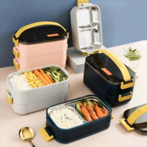 QUA 2 Layer Portable Insulated Lunch Box Stainless Steel Sealed Design Food Snacks Box Food Box Large Capacity Food Storage Container Student School