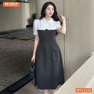 Đầm thiết kế BEMINE cổ sơ mi phối kẻ sọc dáng chữ A phù hợp đi làm-MT11124