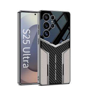 Sports Car Design S25 Ultra Leather Case Phone Cover Gloss Black Metallic Chrome Samsung Galaxy S25U S24U Casing Full Body Shockproof Soft TPU Protective Case with Raised Bezel