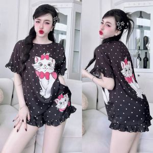 Bộ Nữ Mặc Nhà Lụa Latin Mịn Cổ Tròn Quần Lưng Thun Có Túi Size dưới 60kg Thiết Kế Hình Mèo Dễ Thương