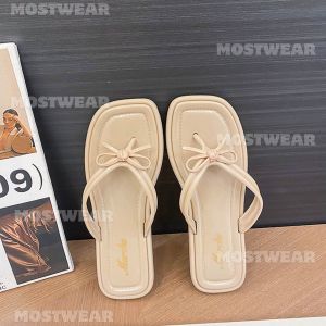 Mostwear Elegant Fashion Rubber Flip Flops Sandals with Bow Design Square Toe For Womens Footwear (+1 upsize)