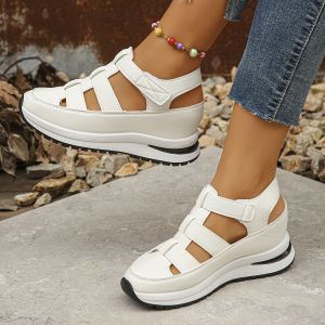 New Large-Size Wedge Sandals For Women Closed-Toe Hollowed-Out Breathable Large-Size Platform Sandals With Thick Soles And Velcro Straps For Women