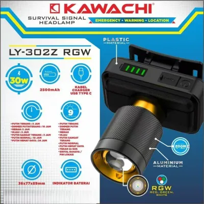 SENTER KEPALA LED 3 WARNA CAHAYA KAWACHI LY-302Z RGW - PREMIUM - MODE ZOOM - TAHAN LAMA - TYPE-C