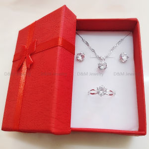 925 silver 3in1 set Round zircon earrings necklace ring size adjustable for women free jewelry box