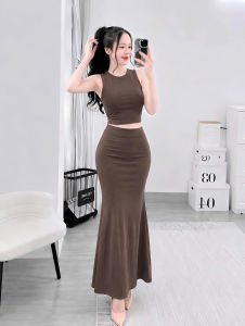 Set áo croptop sát nách cổ tròn kèm chân váy dài đuôi cá KVYBODY S48 chất thun cotton borip lụa dày mịn co giãn