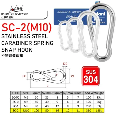 JODUN BRAND SUS-304 Stainless Steel Carabiner Spring Snap Hook For Camping Use (Carabiner Hook) (M5#) (M6#) (M8#) (M10#)