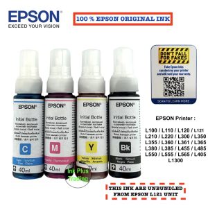 Epson Original ink 40ml Bottle for  L121 / L120 / L100 / L200 / L110 / L210 /  L220 / L360 / L405 / L350 / L355  Set of 4 (Black Cyan Magenta and Yellow)