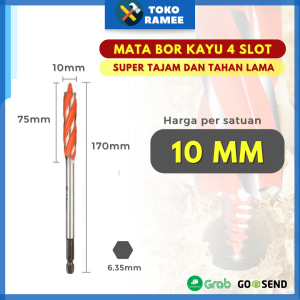 Mata Bor Pelubang Kayu Panjang Bulat 4 Slot Premium 12 / 16 / 19 / 22 / 25 mm Perkakas Alat Tukang Pertukangan Tajam dan Tahan Lama