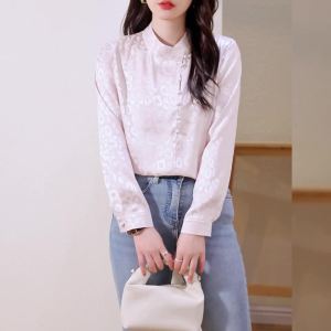 AOLINA 2024 New Chinese Style Elegant Long Sleeve Blouse Design Satin Turtleneck Long Sleeve Chiffon Shirt