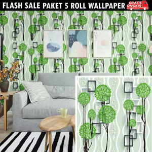 PROMO PAKET 5 ROLL WALLPAPER STICKER DINDING WALLPAPER RUANG TAMU WALLPAPER KAMAR MOTIF BUNGA 3D 45CM X 4M