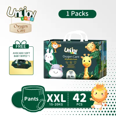 Unijoy Oxygen Care Diapers Pants Upgrade Large Bag Baby Diaper (Size：XXL) FREEx1 Baby Wipes (80Pcs/1Bag) - Superior Absorbency Ultra Soft