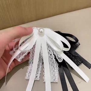 Womens Lace Ribbon Bowtie Brooch Pin Student Shirt Jabot Collar Pearls Pre Tied Bowknot Necktie Clip Lapel Pin