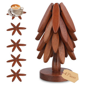 Wooden Trivets for Hot Dishes Tree Shape Trivet SetTrivets for Hot Dishes - 4 Wooden Trivets + 1 Stand stored Like a Christmas Tree (Walnut Wood)
