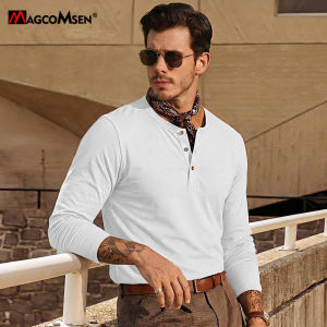 MAGCOMSEN Mens Henley Cotton T-Shirt Long Sleeve Male Front Placket Shirt Fashion Henry-neck Tees Casual Vintage Basic Tops2026