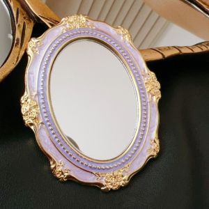 OMQAIO Mini Gương trang điểm tráng men Baroque Khung kim loại Gương trang điểm Lolita Thiết bị cầm tay Cổ điển Gương Nơ Pha Lê Sử dụng khi đi du lịch
