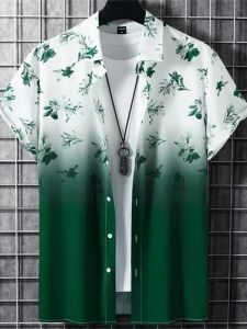 ZEEMIN Gradient Shirts Men Flower Print Casual Short Sleeve Lapel T-Shirt Tops Summer Beach Vacation Hawaiian Shirts Mens Shirt Blouse