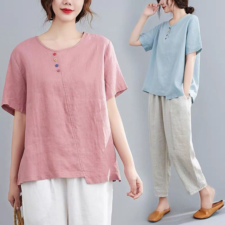 Cotton Linen Tops Vintage Summer New Artistic Casual Loose Plus Size ...