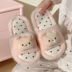 Xixitiao Dép lê vải bông đi trong nhà dễ thương Polka Dot mềm mại đáng yêu gấu bông một chữ Dép nữ tính trái tim mùa thu mùa đông nhà Comfort phong cách Hàn Quốc lông Dép Ins