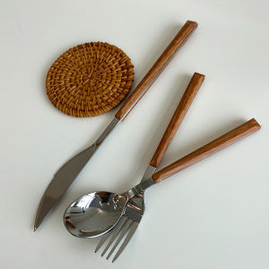Stainless Steel Dinner Gold Silver Dinnerware Set Wood Handle Knife Fork Spoon Cutlery Kitchen Tableware Kitchen Tools