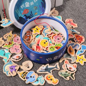Bộ đồ chơi câu cá gỗ nam châm 31 sinh vật biển bằng gỗ trò chơi câu cá vui nhộn 2 cần câu nam châm cho bé GA625
