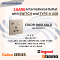 Bticino Galion 16A 250VA 1 Gang International Socket Outlet with Switch and Type-A USB Charger. 