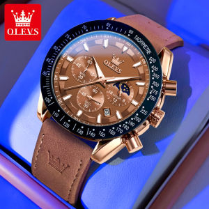 OLEVS men casual watches original branded waterproof multifunctional genuine leather calendar luminous chronograph watch