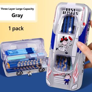 JURHOMIE กล่องของขวัญหลายเครื่องเขียนใช้งานได้ลายการ์ตูนกล่องดินสอรูปร่างรถมีกระเป๋าดินสอโลหะล็อก