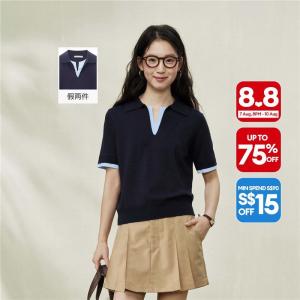 Giordano Women Mock Two-Piece V-neck Short Sleeve Crew Neck Knit Sweater - High Quality Free Shipping 18356703