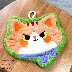 Annie S ทรงกลมหน้าแมวน่ารักปะการังขนแกะผ้าเช็ดมือดูดซับไม่ลอกผ้าขนหนูห้องน้ำห้องครัวแขวน