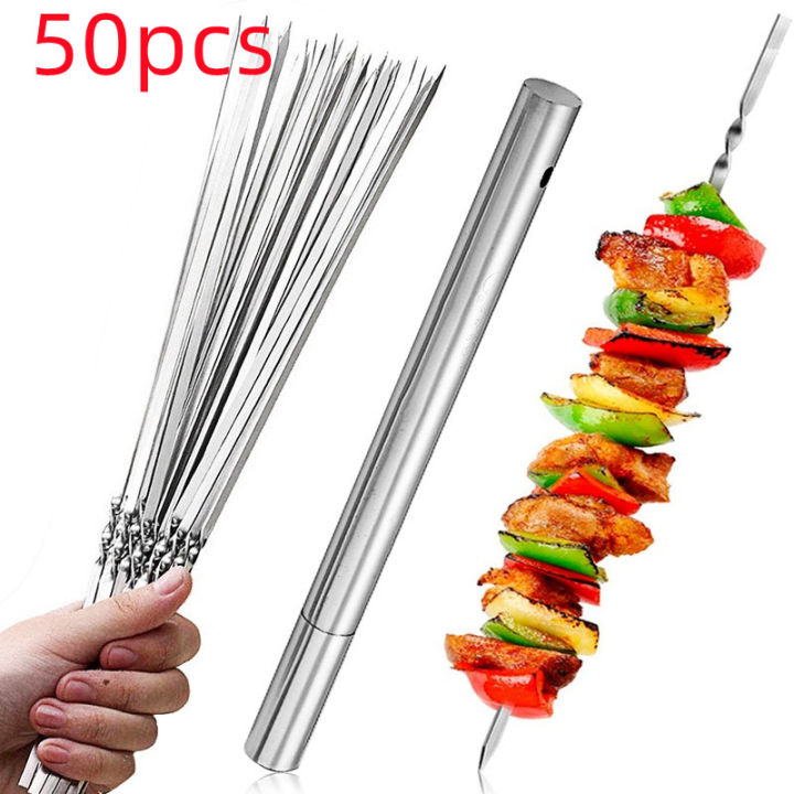 50PCS Reusable Flat Stainless Steel Barbecue Skewers BBQ Needle