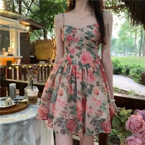Korean Floral Dress for Women Casual Summer Fashion Cinching Waist To Show Off Thinness Suspender Dress