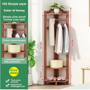 Solid Wood Corner Coat Rack 160cm – Floor Standing Clothes Hanger Heavy Duty Wooden Drying Rack for Bedroom Living Room