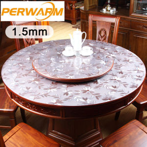 (1.5mm Flower Round)Thick Crystal Flower Table Protector for Dining Room Table Plastic Protective Table Pad Kitchen Wood Grain Vinyl Tablecloth Cover