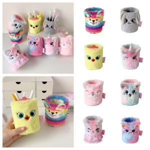 FUTUI รูปแบบการย้อมสี ที่ใส่ปากกาการ์ตูน ผ้าพลัฌ ลูกสุนัขสัตว์ ผู้จัดการเครื่องเขียน สร้างสรรค์ ยูนิคอร์น สุนัข แมว กล่องเก็บดินสอ ของตกแต่งโต๊ะทำงาน