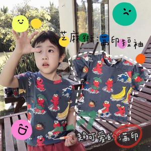 แขนสั้นสำหรับเด็ก เสื้อผ้าฤดูร้อน แขนสั้นเด็ก การ์ตูน Sesame Street พิมพ์ ท็อปส์ซูหลวม ฤดูร้อนใหม่ร้อยเสื้อยืด เหมาะสำหรับเด็กผู้ชายและเด็กหญิง