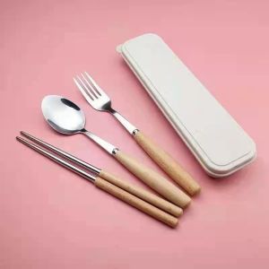 3 in 1 Reusable Folding Wheat Straw Chopstick Spoon Fork Cutlery Set with Box Collapsible Set