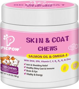 Skin & Coat Supplement for Dogs & Cats with Omega 3 Salmon Oil Vitamin C & Vitamin E Support Healthy Skin Coat Itch Relief & Relief Shedding120 Chews