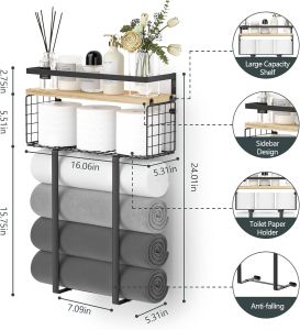 Bathroom Towel Storage Rack Wall Mounted Towel Racks for Bathroom Rolled Towels Holder with Wooden Shelf Heavy Duty Bathroom Organizer Storage for Toiletries Bathroom and Potted Plants