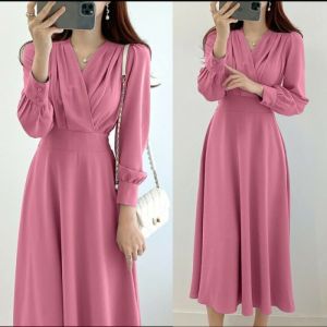 BAJU DRESS WANITA KOREA CASUAL DRES MOTIF V GLAMOLA