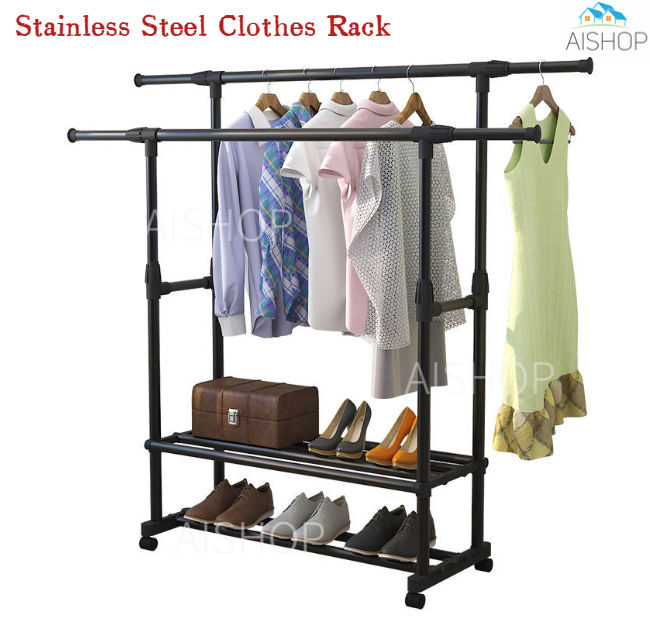 (SG Seller)Clothes Rack Doublepole Stainless Steel Clothes Rack Stand Clothes Hanging Stand