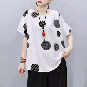 STEFANI Women Korean Boho Short Sleeve Round Neck Polka Dot Print Blouse Hs-40043-2