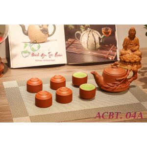 Bộ Ấm Chén Gốm Tử Sa Nâu Đỏ - Hàng Cao Cấp Bát Tràng Loại 1 - Ấm Trúc Vuông Đắp Nổi