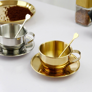 Stainless Steel Insulated Coffee Cups with Spoon and Saucer Double walled Coffee Mugs Retro Shatterproof Milk Cups