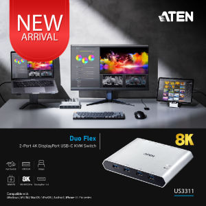 ATEN US3311 2-Port 4K DisplayPort USB-C KVM Switch with Power Pass-through | Duo Flex