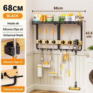 SJORAGE Wall Mount Mop Broom Holder with Storage Shelves Heavy Duty Cleaning Tool Organizer Rack with Hooks for Laundry Room Bathroom Vacuum Cleaner Hanger Home Storage