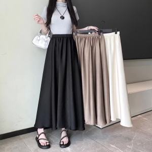 Ammin 2024 mùa hè màu trơn cao cấp satin A-line Chân Váy Dài phiên bản Hàn Quốc của phụ nữ trong váy thanh lịch với một eo cao chặt chẽ