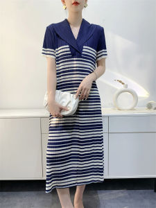 French Striped Dress Womens Mid-Length Elegant Pleated Slimming and Fashionable Casual #L-948F