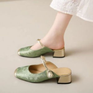 [Free Shipping] Spring and Autumn New Color-Block Square-Toe Chinese Style Fashion High-Heel Closed-Toe Sandals for Women 2026 New Chinese Style Chunky Heel Slingback Shoes