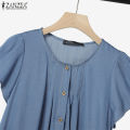 ZANZEA Women Fashion Crew Neck Shirt Button Up Raglan Sleeve Pleated Solid Color Top #0616. 
